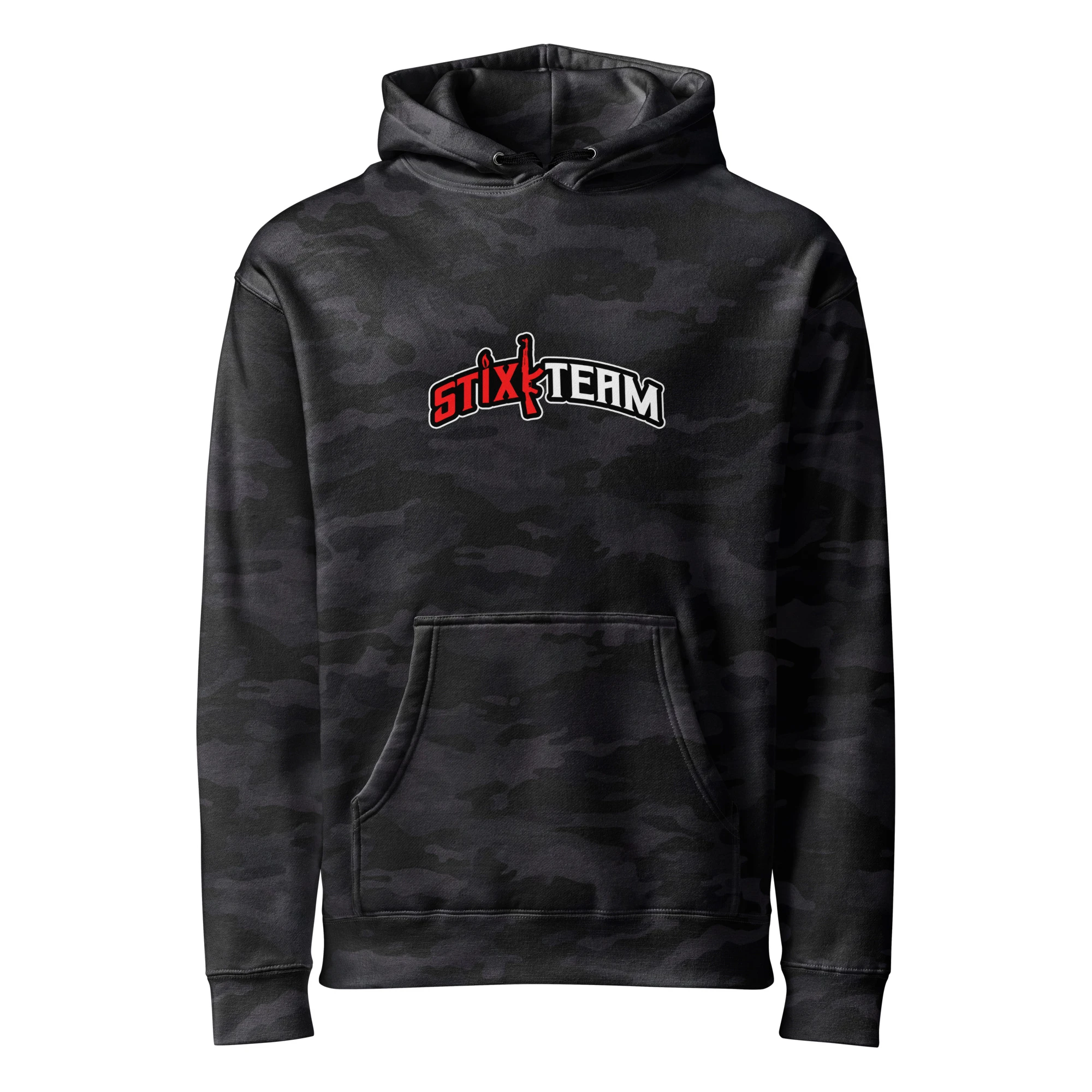 Printful mockup of StixkTeam Camo Hoodie