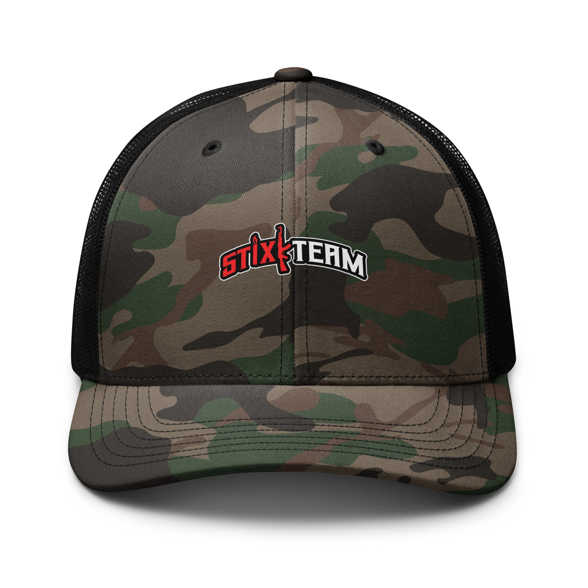 Printful mockup of StixkTeam Camo Trucker